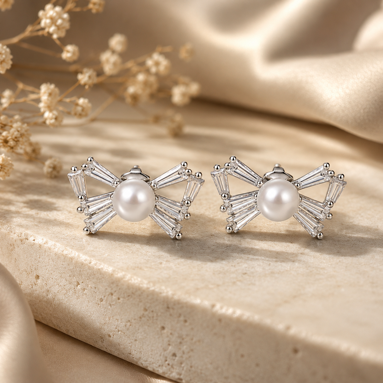 Pearl-Tied Sparkling Bow Stud Set Earrings | 925 Silver