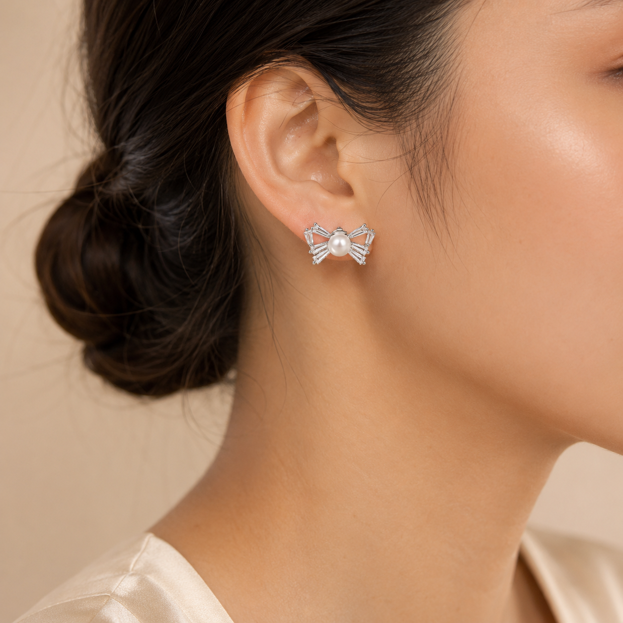 Pearl-Tied Sparkling Bow Stud Set Earrings | 925 Silver