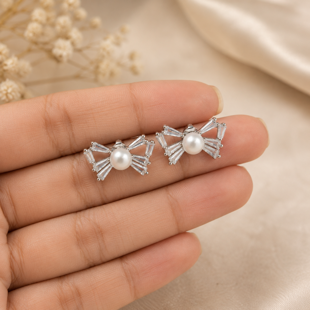 Pearl-Tied Sparkling Bow Stud Set Earrings | 925 Silver