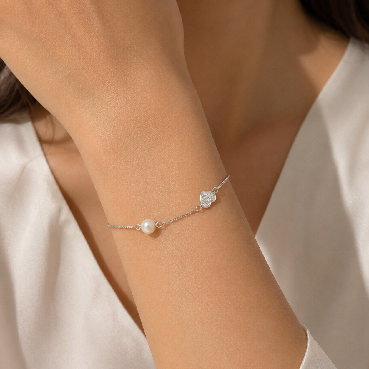 Pearl Promise Heart Chain Bracelet | 925 Silver