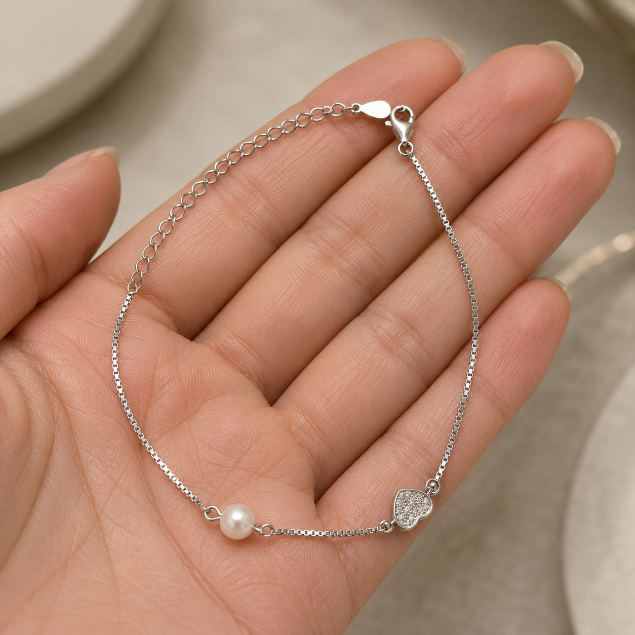 Pearl Promise Heart Chain Bracelet | 925 Silver