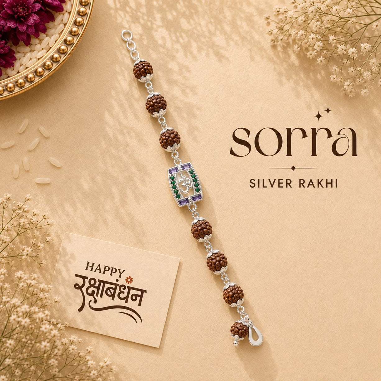 Rudraksh Om Link Silver Rakhi