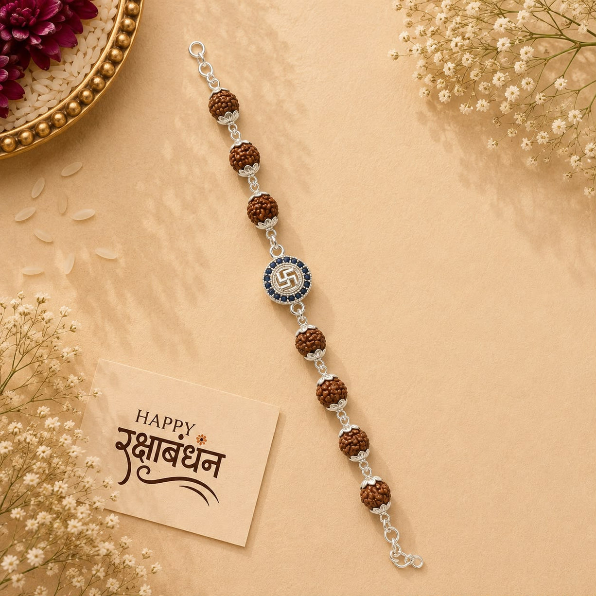Rudraksh Swastik Silver Rakhi