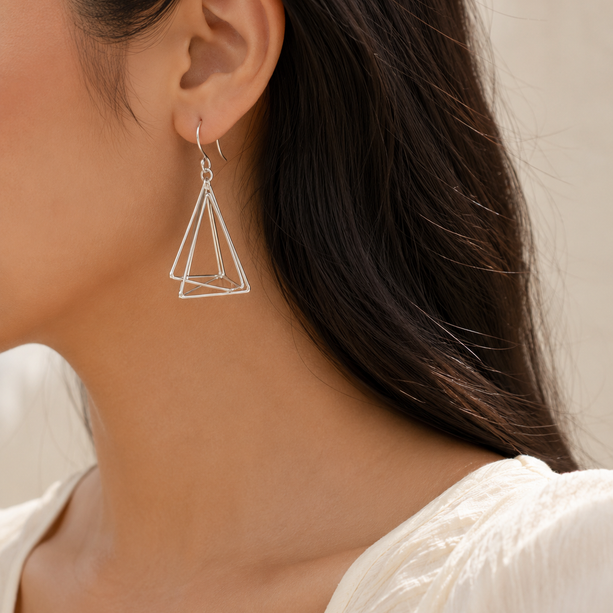 Silver Geometric Layered Drop Earrings | 925 Silver
