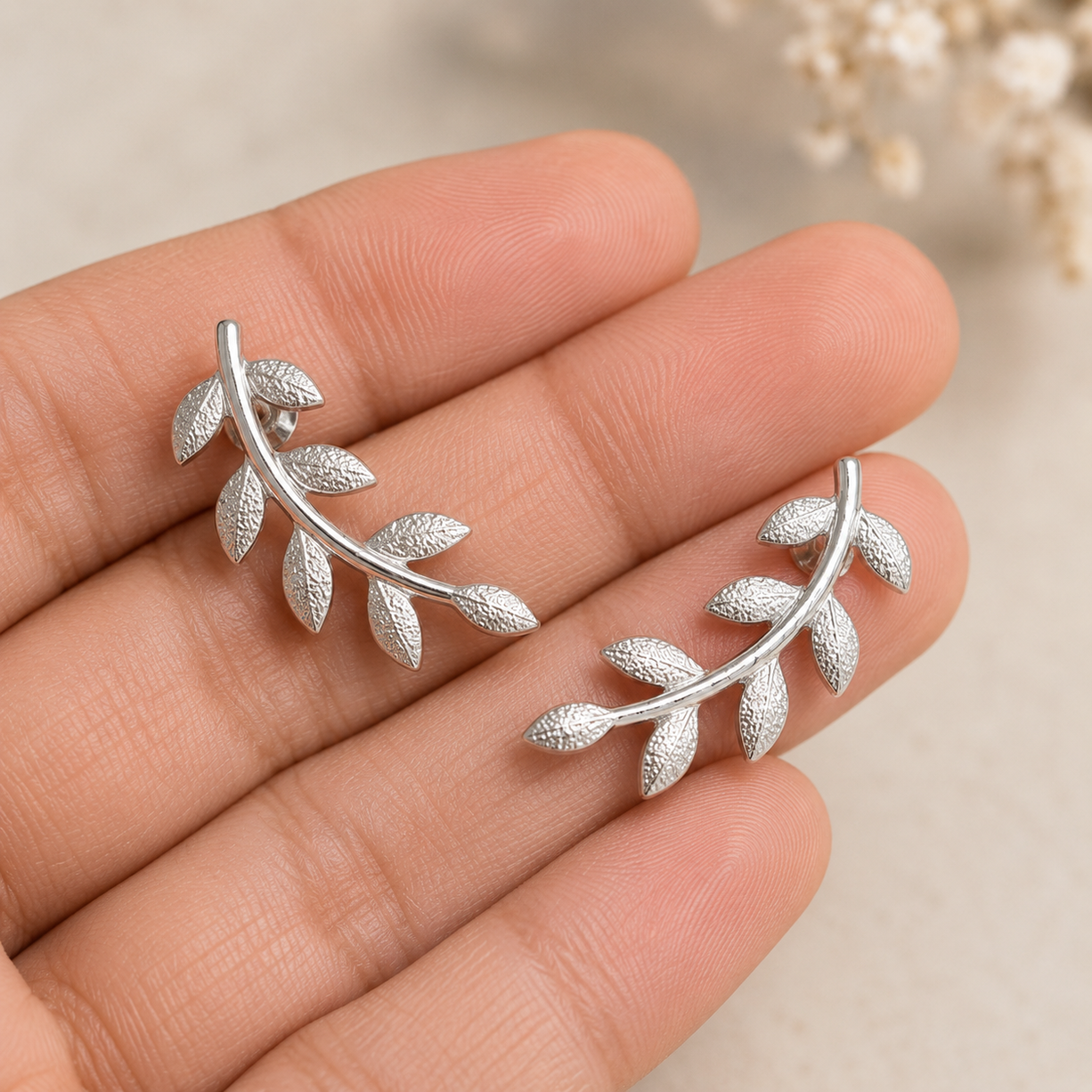 Silver Leaf Ear Climber Earrings | 925 Silver