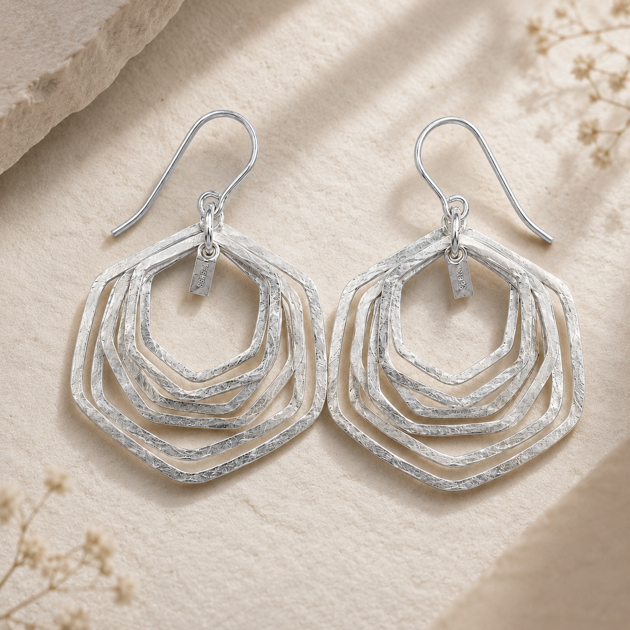 Silver Multi-Layer Hex Drops | 925 Silver