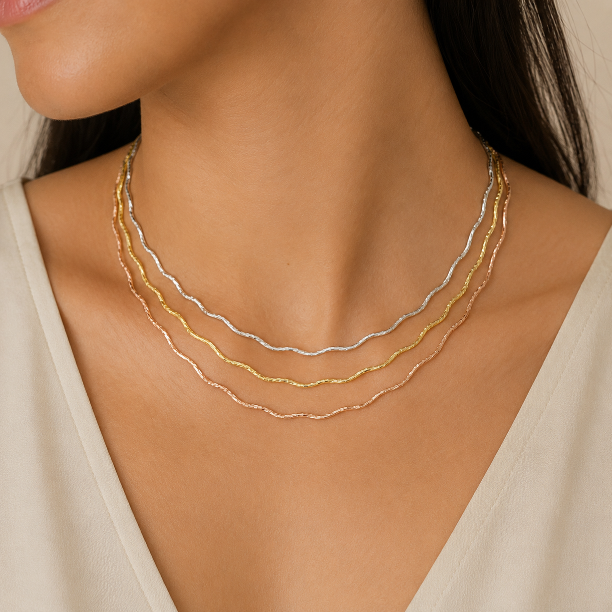 Three Tone Wavy Necklace | 925 Silver